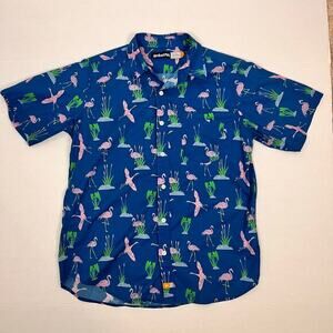 Ambsn Button Up‎ Mens Small Cotton Short Sleeve Blue Pink Flamingo Print Novelty